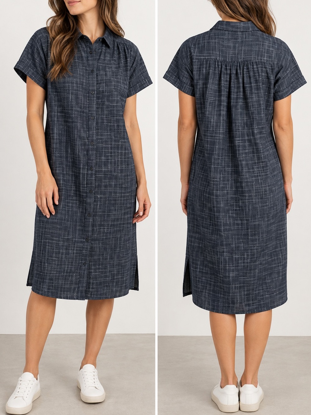 Bridge & Burn Enna Navy Grid Oversize Fit Lagenlook Midi Shirt Dress